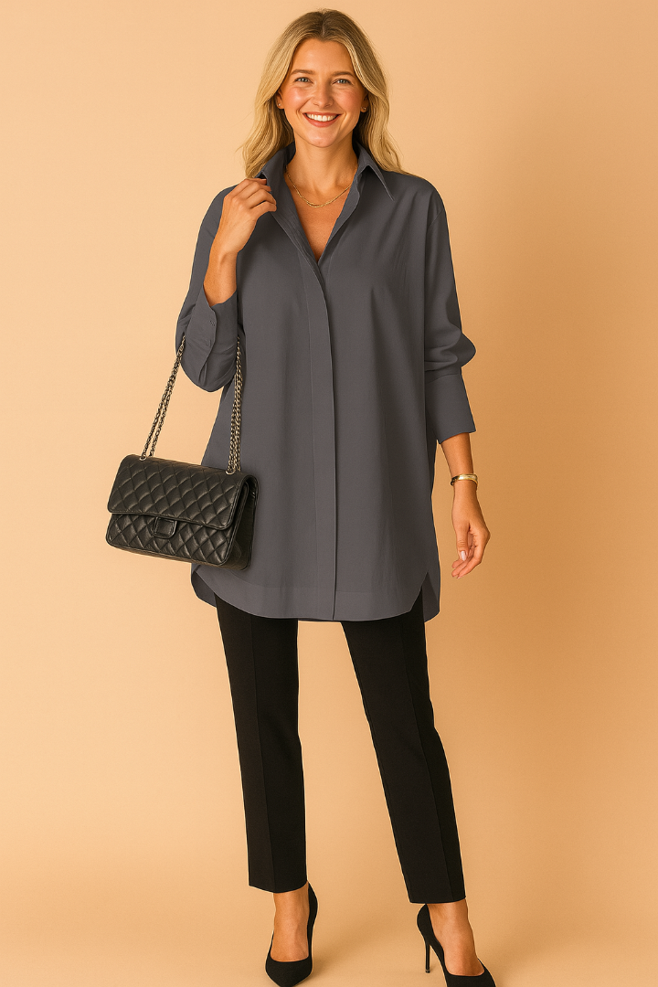 Dame Oversized Button-Down Skjorte - Langærmet Skjortebluse med Krave