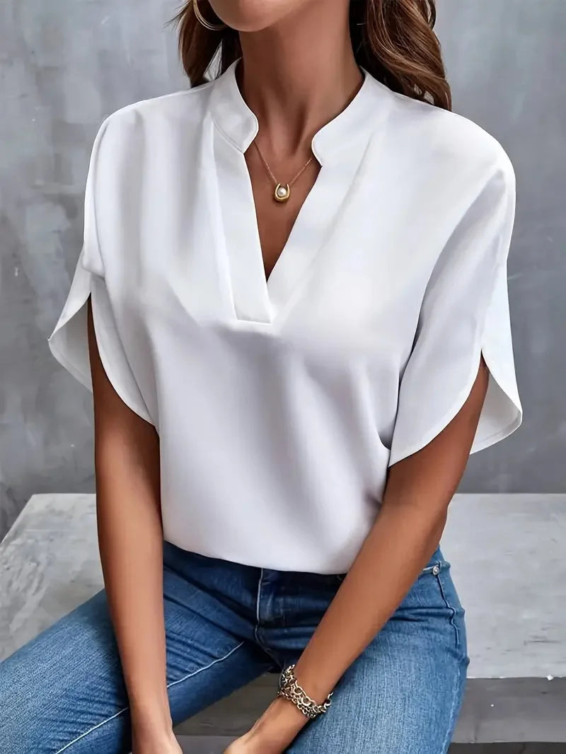 Dame Satin Bluse - V-Hals Kort Batwing Ærme Løs Top