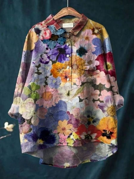 Dame Skjorte Med Blomsterprint - Halv Knaplukning