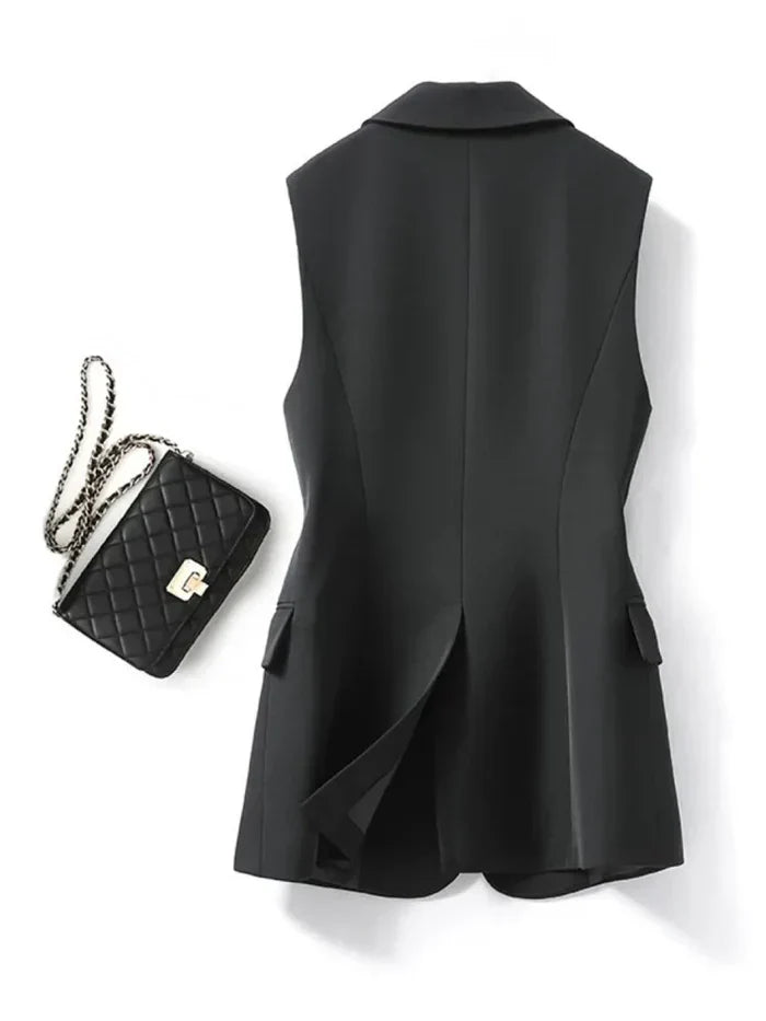 Dame Ærmeløs Blazer Vest – Notched Revers Enkel Knap Langline