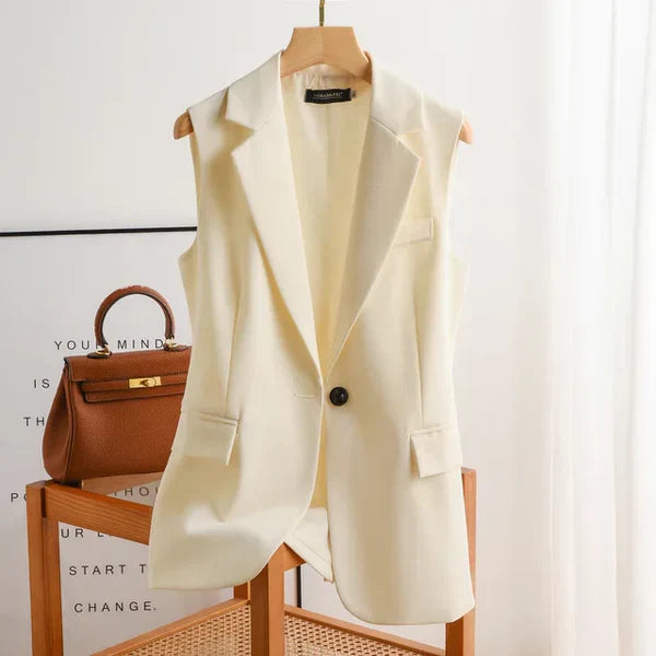 Dame Ærmeløs Blazer Vest – Notched Revers Enkel Knap Langline