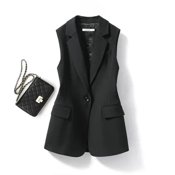Dame Ærmeløs Blazer Vest – Notched Revers Enkel Knap Langline