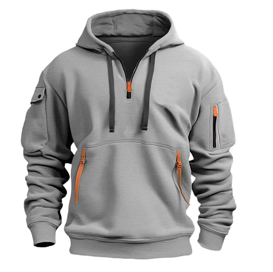 Herre Hoodie med Halv Lynlås - Fleece Hoodie med Flere Lommer