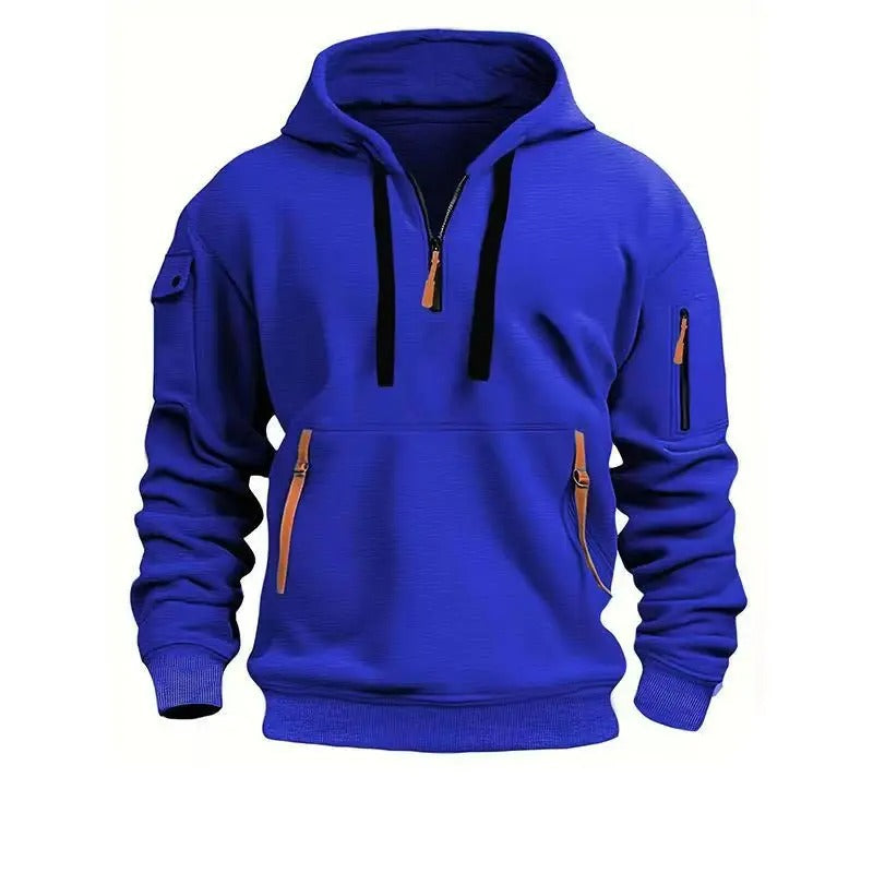 Herre Hoodie med Halv Lynlås - Fleece Hoodie med Flere LommerV
