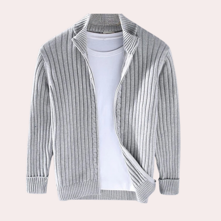 Herre Ribstrikket Cardigan med Lynlås - Sweaterjakke med Ståkrave og Lange Ærmer