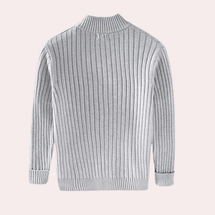 Herre Ribstrikket Cardigan med Lynlås - Sweaterjakke med Ståkrave og Lange Ærmer