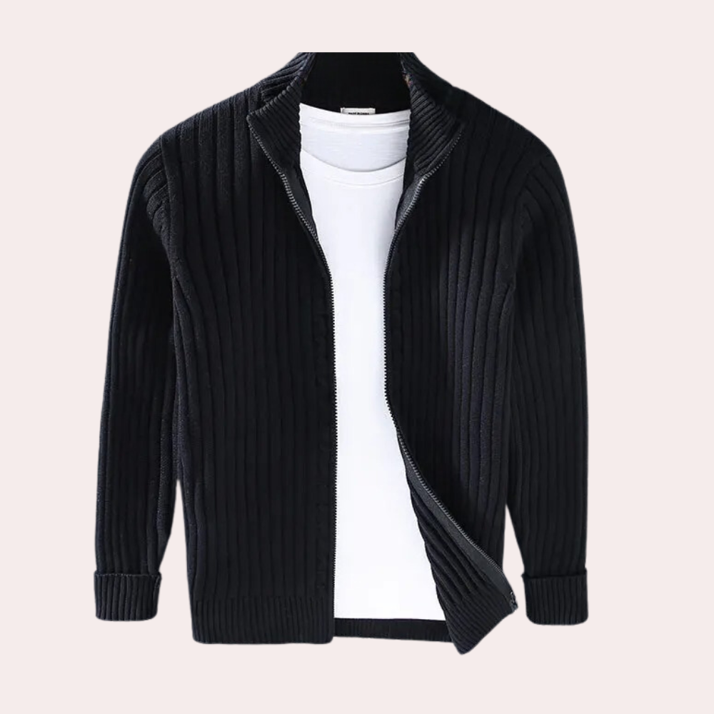 Herre Ribstrikket Cardigan med Lynlås - Sweaterjakke med Ståkrave og Lange Ærmer