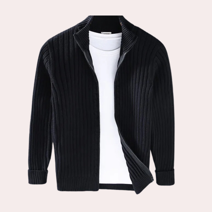 Herre Ribstrikket Cardigan med Lynlås - Sweaterjakke med Ståkrave og Lange Ærmer