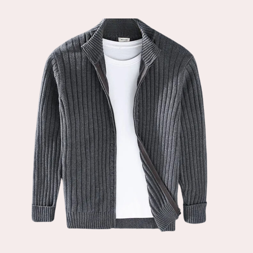 Herre Ribstrikket Cardigan med Lynlås - Sweaterjakke med Ståkrave og Lange Ærmer