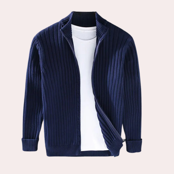 Herre Ribstrikket Cardigan med Lynlås - Sweaterjakke med Ståkrave og Lange Ærmer