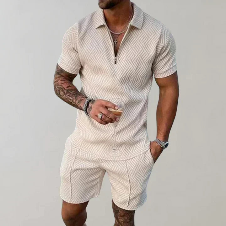 Herre To-Delt Sæt - Poloshirt Med Lynlås Og Shorts Med Struktur