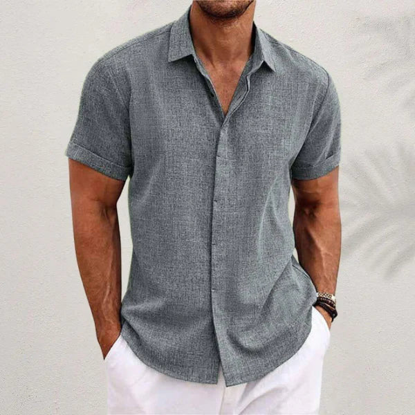 Herre Vævet Tekstur Kortærmet Skjorte – Slim Fit Skjorte Med Krave Og Knaplukning Foran