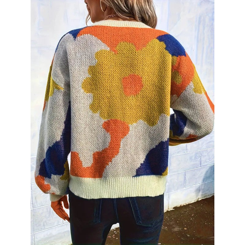 Dame Strikpullover med Blomstermønster - Rund Hals