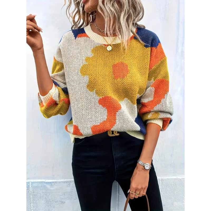 Dame Strikpullover med Blomstermønster - Rund Hals
