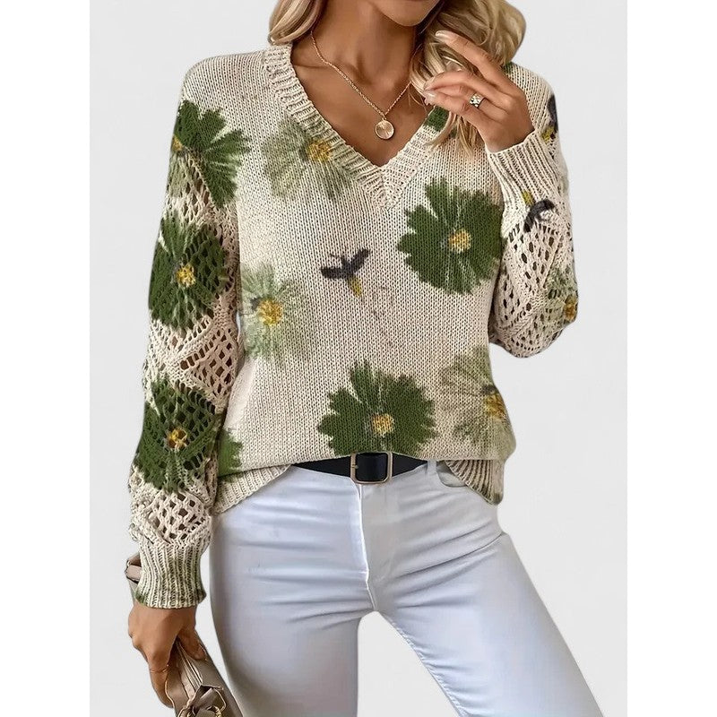 Damebluse med V-hals og blomstermønster