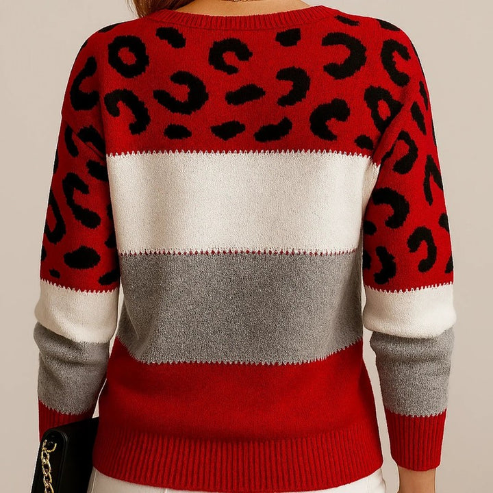 Damehæklet sweater - Leopardprint og farveblok