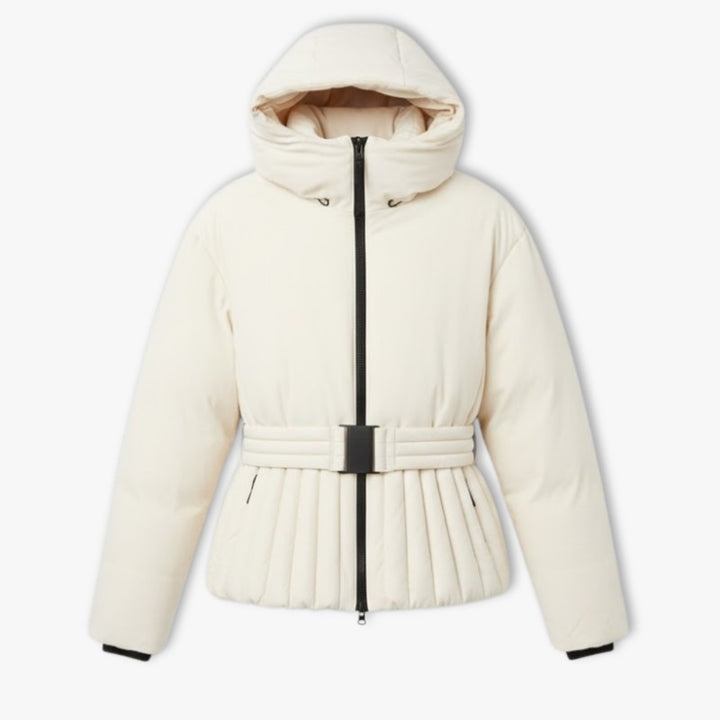 Damepufferjakke med peplum - Hætte og livrem