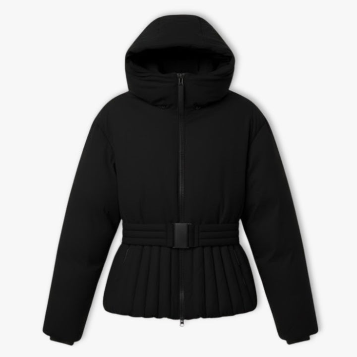 Damepufferjakke med peplum - Hætte og livrem