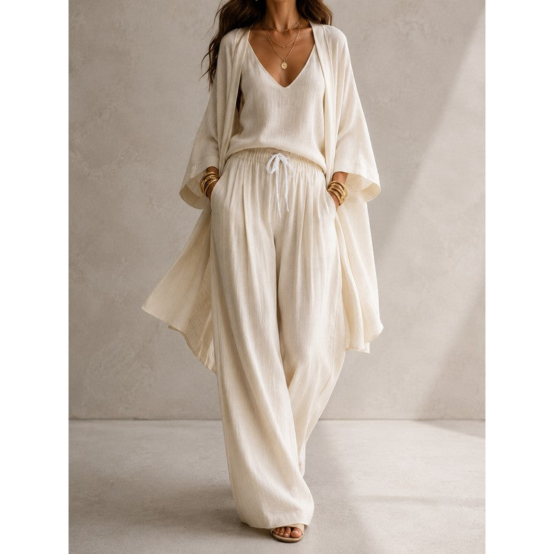 Damernes tre-delte sæt - Cardigan, camisole og vidbukser