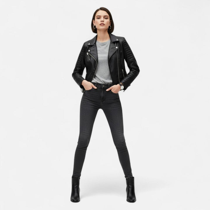 Dames Bikerjakke - Asymmetrisk Lynlås og Notched Lapel