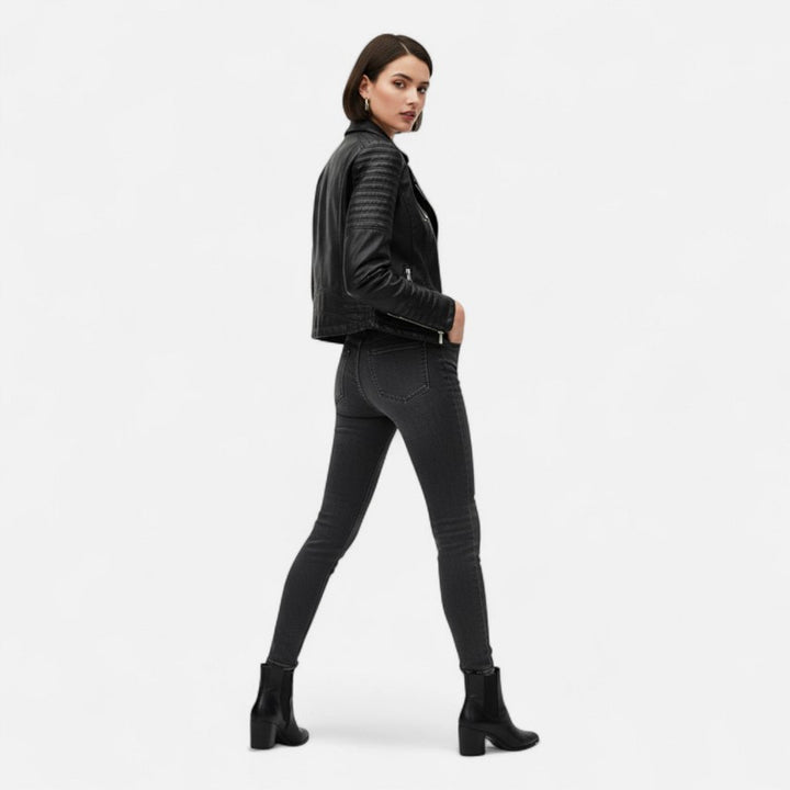 Dames Bikerjakke - Asymmetrisk Lynlås og Notched Lapel