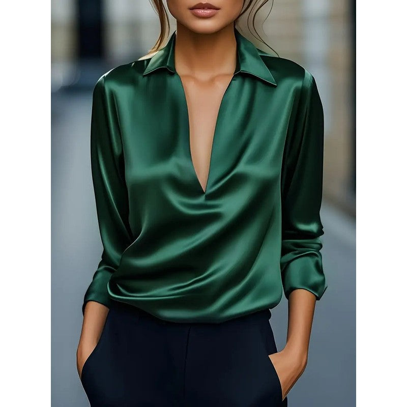 Dames V-hals bluse - Langærmede med rynket ærme