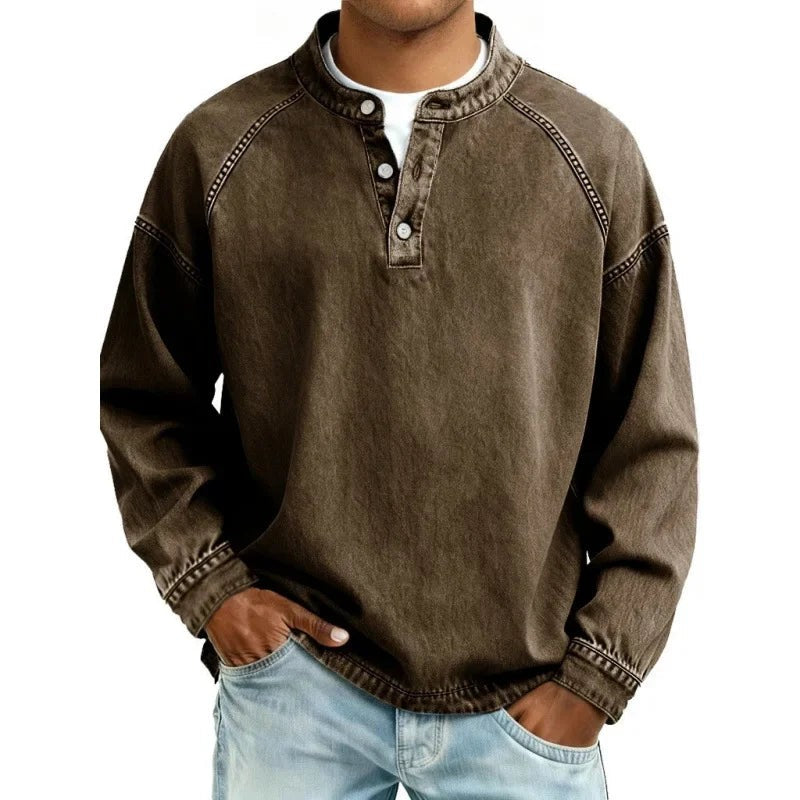 Herres sweater med langærmer og delvis knapper